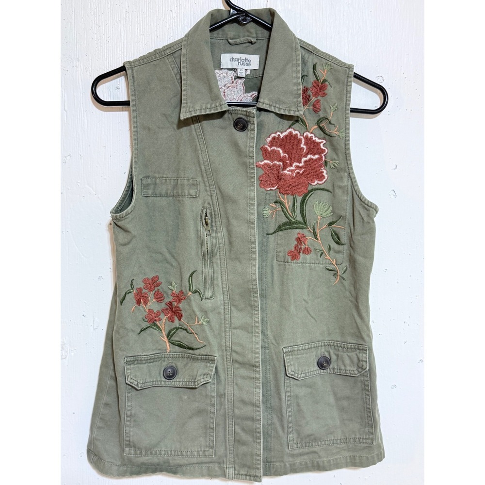 Charlotte Russe Utility Vest Women XS Olive Green Cotton Boho Military Y2K